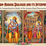A four-panel traditional Indian miniature painting illustration on a unified article spread. The layout features intricate golden and blue floral borders on light parchment. Panel 1 shows Lord Ram on a tiger skin meeting Sage Narada. Panel 2 depicts their warm embrace. Panel 3 captures the unique moment of Narada with a monkey face at a swayamvara. Panel 4 features Ram and his Vanara army. New title and panel headers are visible.