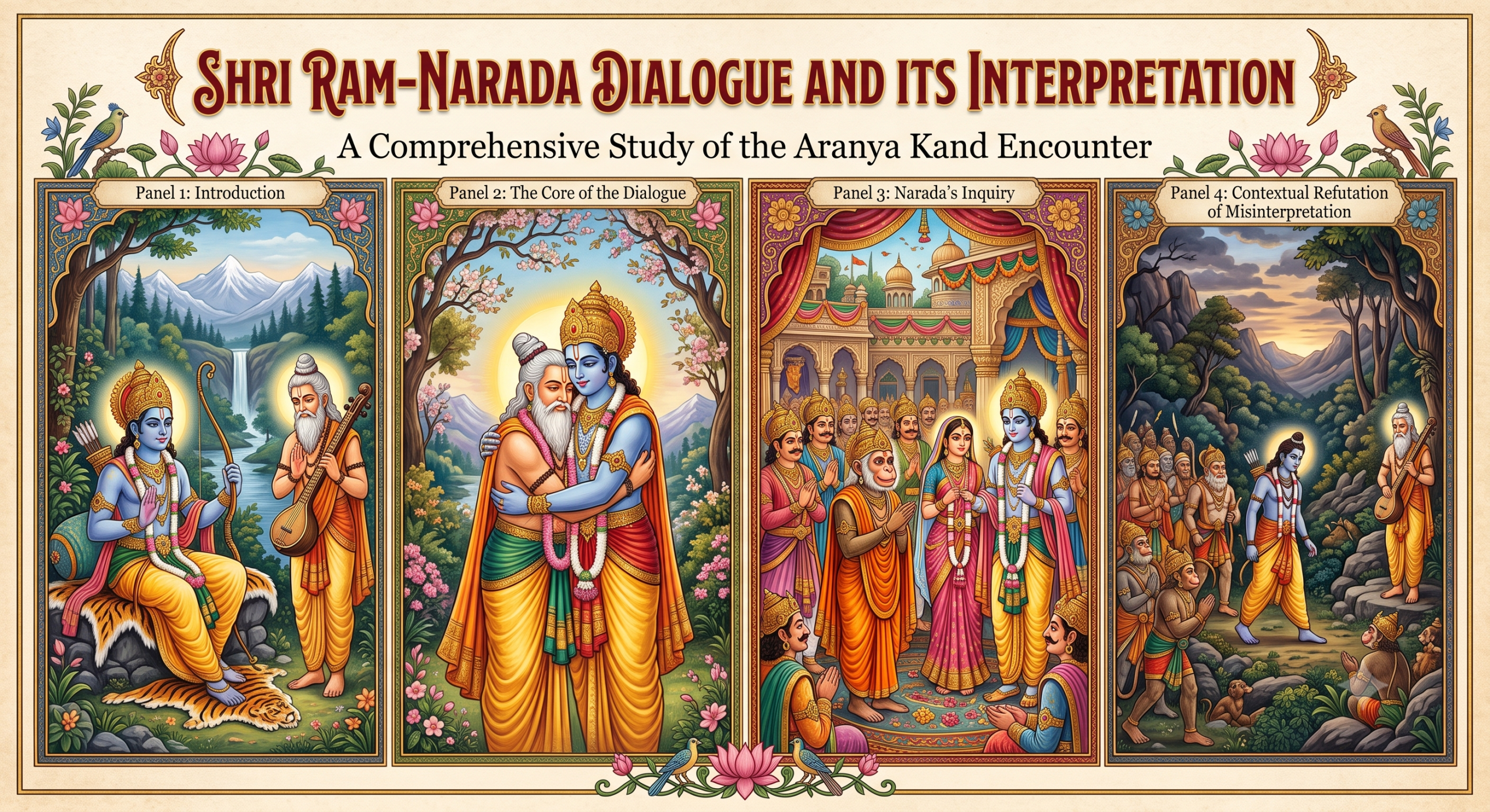 A four-panel traditional Indian miniature painting illustration on a unified article spread. The layout features intricate golden and blue floral borders on light parchment. Panel 1 shows Lord Ram on a tiger skin meeting Sage Narada. Panel 2 depicts their warm embrace. Panel 3 captures the unique moment of Narada with a monkey face at a swayamvara. Panel 4 features Ram and his Vanara army. New title and panel headers are visible.