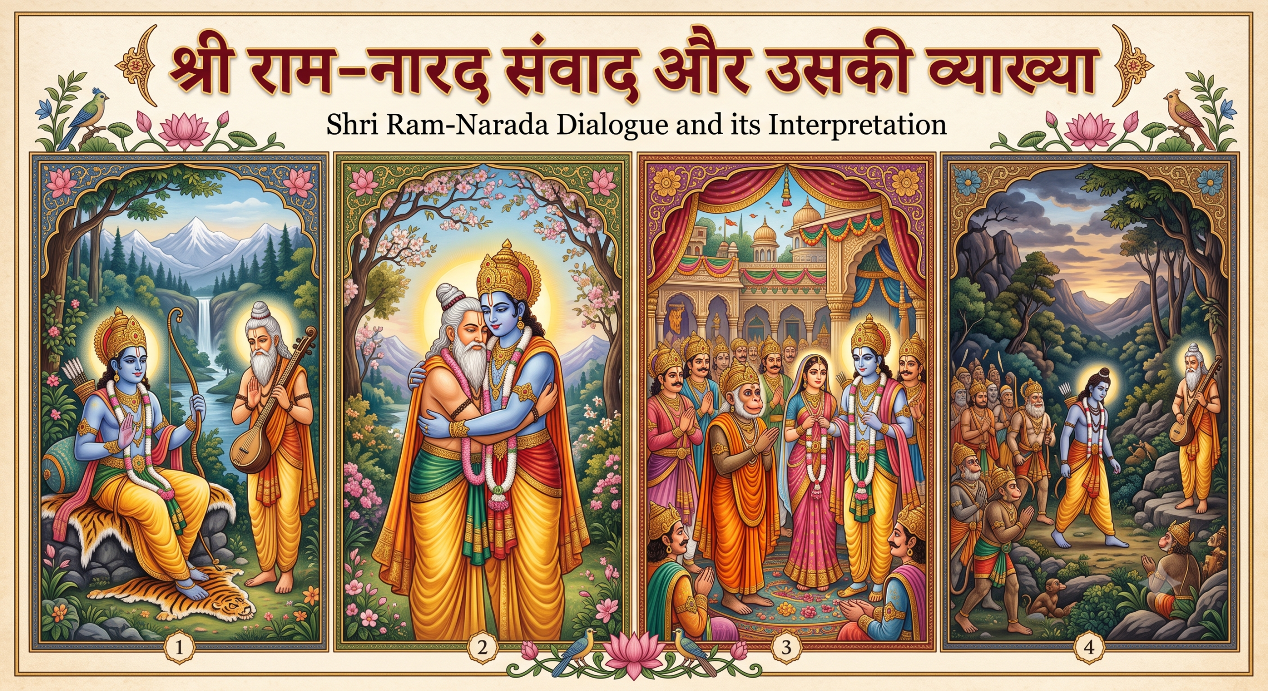एक एकीकृत लेख प्रसार पर चार-पैनल पारंपरिक भारतीय लघु चित्र कला का चित्रण। लेआउट में हल्के चर्मपत्र पर जटिल सुनहरे और नीले रंग के फूलों के बॉर्डर हैं। पैनल 1 में भगवान राम को ऋषि नारद से मिलते हुए दिखाया गया है। पैनल 2 उनके स्नेही आलिंगन को दर्शाता है। पैनल 3 स्वयंवर में बंदर के चेहरे वाले नारद के अद्वितीय क्षण को दर्शाता है। पैनल 4 में राम और उनकी वानर सेना शामिल है। नया शीर्षक और पैनल हेडर दिखाई दे रहे हैं।