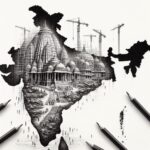 The sketch is a black and white drawing that shows the vision and ambition of India. The sketch shows the construction of the Ram temple, a controversial religious site that is being built in Ayodhya, where Lord Ram was born. The sketch also shows the outline of India, with its diverse and vibrant culture and heritage.