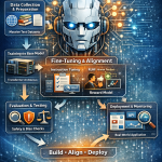 Infographic showing the LLM development lifecycle with a central AI head and steps for data collection, base model training, fine-tuning and alignment, evaluation, and deployment connected in a circular workflow.