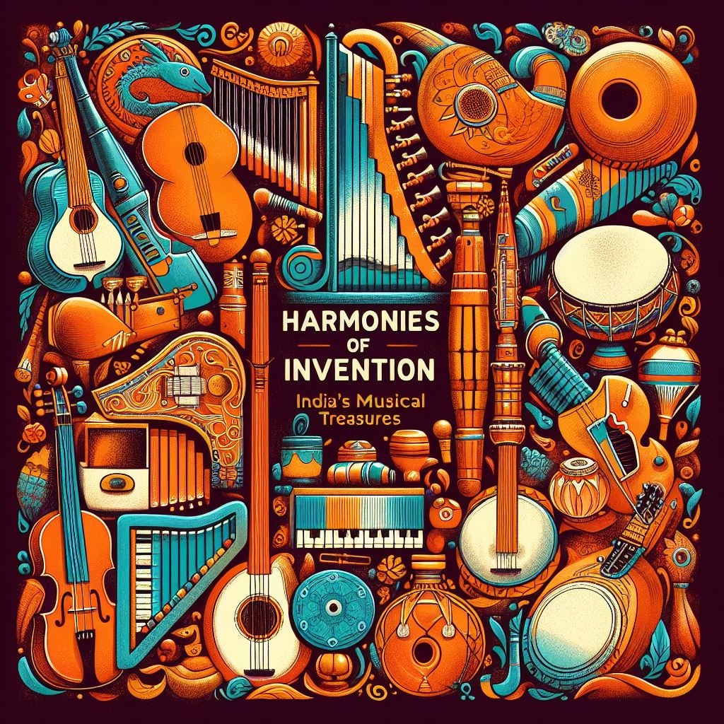 Harmonies of Invention: India’s Musical Treasures is a web page that showcases various Indian musical instruments, such as veena, sarod, sitar, mridangam, tabla, ghatam, shehnai, and algoze.