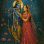 Divine love scene of Radha and Krishna in moonlit Vrindavan