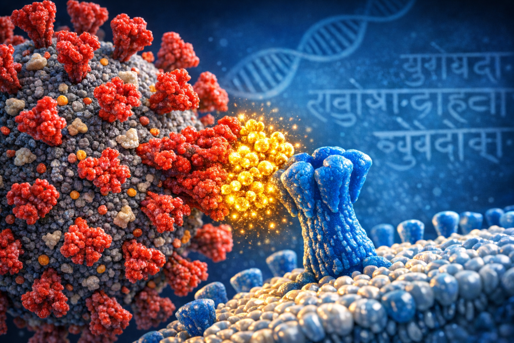 A 3D molecular diagram illustrating phytochemical molecules binding to the SARS-CoV-2 Spike protein, physically blocking it from attaching to the human ACE2 receptor on a cell surface.