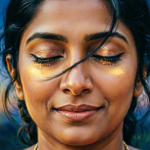 A painted portrait of a Bhartiya woman with eyes closed, kajal-lined lashes, and tear-like golden light tracing her cheeks. A soft smile graces her lips as a glowing diya in a paper lantern floats beside her; translucent figures and floral motifs drift in the indigo night behind her.
