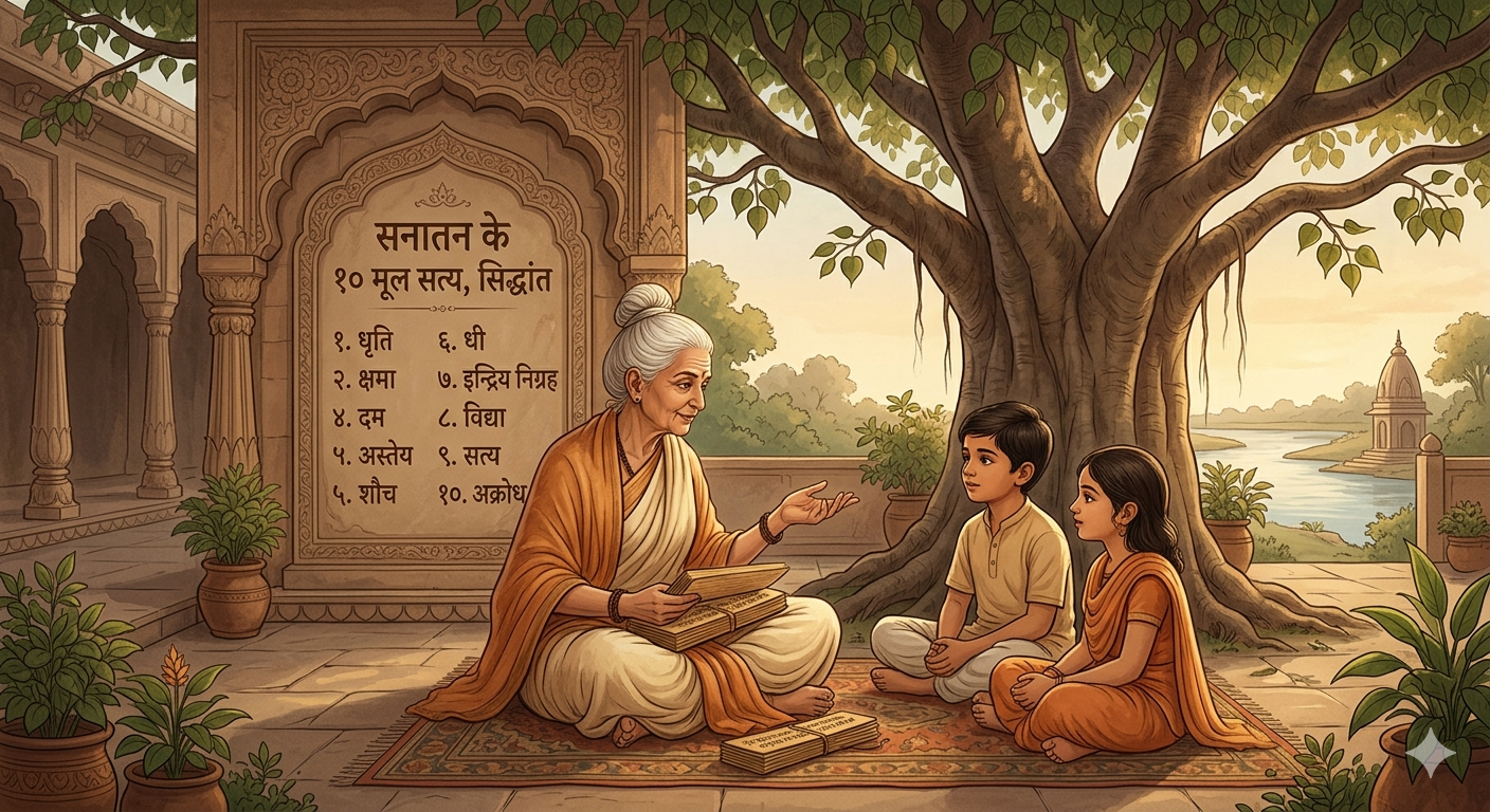 A senior Vedic sage sitting cross-legged beneath a sacred banyan tree, pointing toward an archival stone pillar inscribed with ancient Sanskrit script, while a group of young, attentive students sit before him on an open-air stone pavilion overlooking misty Himalayan mountains.