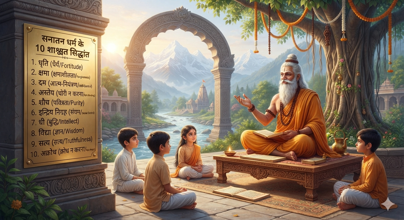 An oil-painting style illustration of an ancient Indian guru teaching the 10 pillars of Sanatana Dharma to young children under a banyan tree, with a large stone tablet listing the virtues next to them.